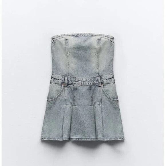 ZARA TRF Strapless Pleated Denim Mini Dress XL NWT | Y2K Corset Tube Style - Picture 3 of 14